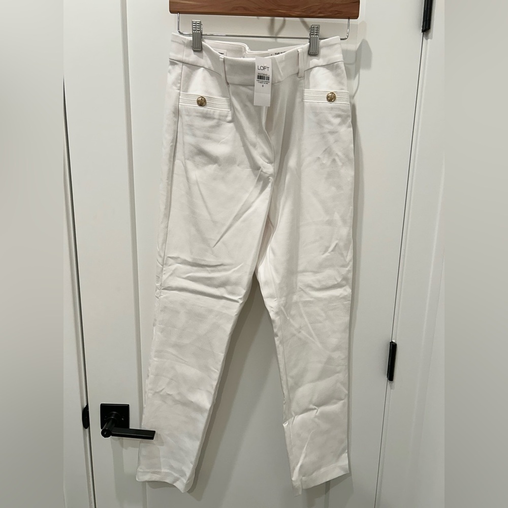 LOFT Sutton White Skinny Ankle Pants with Gold Buttons